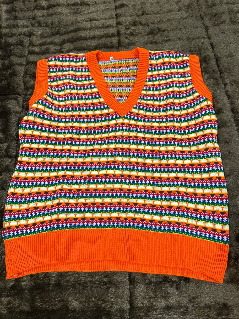 Orange Multi-Stripe V-Neck Knit Sweater Vest Medium